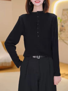 QINGNAER | Minimalist Black Half-Button Long Sleeve T-shirt Oversized