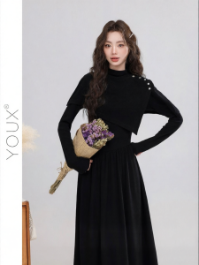 YOUXIANG | Đầm Bọc Phong Cách Pháp Đen Thanh Lịch Dáng Không Quy tắc Buộc eo Mùa Thu