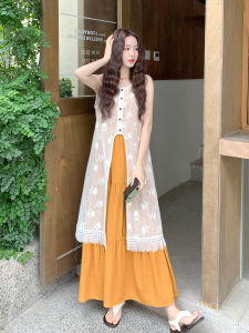 Yellow Holiday Style Dress Set Womens Summer 2025 New Strap Dress Tassel Cover up Two Piece Set Korean Version Loose Waist