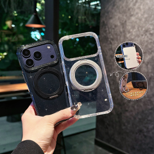 Bracket phone case suitable for iPhone 17 Pro Max 17 Pro 17 transparent glitter magnetic ring bracket transparent black shell.