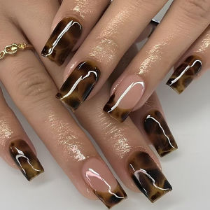Full set of 24-piece medium square fake nails - designed with a brown ombre leopard print French pattern diverse styles fashio