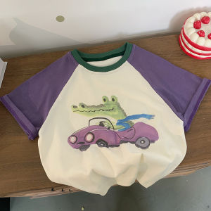 Boys Short Sleeve T-Shirt Pure Cotton Breathable Fashionable Color Block Cartoon Top for Middle And Large Children Summer New Arrival