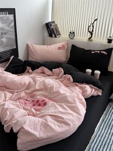 Girls Mixed Style Black Cat Towel Cotton Bedding Set Durable Washed Cotton Three-Piece Dormitory Set Single Color Pure Black