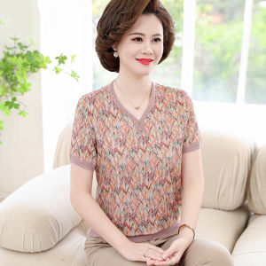 WANGGONGZHU | Ice Silk Short Sleeve T-Shirt Women Summer New Fashion Middle-Aged And Elderly Mothers Comfortable Slimming Stylish Top Women
