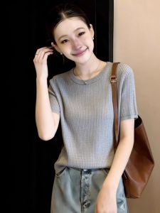 Slimming Design Large Size Womens Summer Ice Silk T-Shirt Stripe