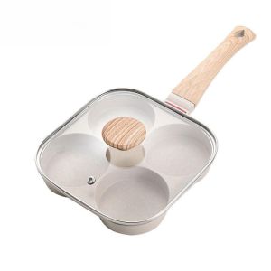 New Non-Stick Four-Hole Egg Fry Pan with Lid Flat Bottom Breakfast Pot Rice Stone Pan Egg Cooking Gadgets Modern Simple Style