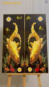 Bộ 2 tranh lý ngư vọng nguyệt tài lộc vinh hoa phú quý tranh tráng gương 5D tặng đinh móc treo