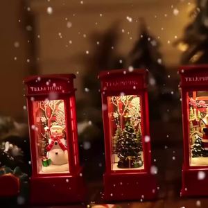 Santa Claus Snowman Christmas Phone Booth LED Light Retro Red Telephone Box Ornament Home Table Decoration Party Decor