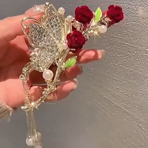 Vintage Red Rose Flower Hair Claw Bell Orchid Pearl Rhinestone Tassel Hair Grab Clip Elegant Daily Party Decors Ideal Gifts