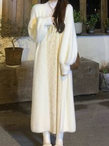 Soft Thickened Knitted Sweater Coat Womens Autumn Winter Pure Desire Outerwear Medium Length Fake Otter Fur V-neck Open Cardigan Lazy Top