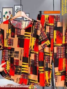 Ice Silk Short Sleeve Womens Two-Piece Set for Middle-Aged And Elderly Summer T-Shirt Clothing Comfortable Casual Pants