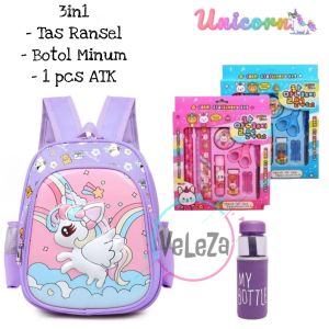 Tas ransel anak perempuan sekolah PAUD TK karakter unicorn pelangi 3in1 tas ransel botol minum paket pinsil tas ransel anak tas anak perempuan tas sekolah anak ransel anak tas anak