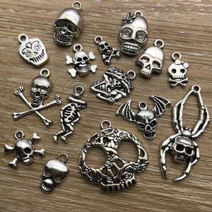 50pcs Halloween Charms – Vintage Silver Skulls Bats & Spooky Pendants for Creepy-Cute DIYs!