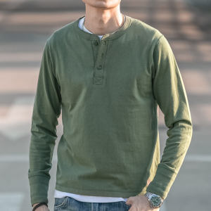 เสื้อเฮนรีเสื้อยืดแขนยาวสำหรับผู้ชายเสื้อตัวในคอปกเฮนรีผ้าฝ้ายล้วนงานดีแนววินเทจสไตล์อเมริกัน AMEI