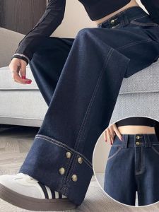 WANGGONGZHU | High Waist Wide Leg Denim Jeans Womens Autumn Winter New Small Size Extended Cuff Straight Long Pants Casual Style Princess