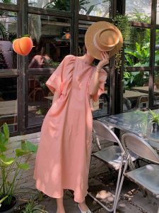 ชุดเดรสยาวปานกลางทรงหลวมสไตล์เกาหลีสำหรับผู้หญิง สีชมพูหวานและสีเหลือง เอวสูง คอวี แขนบาน ทรงหลวม ทรงเอ