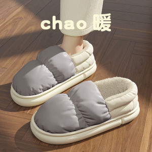 รองเท้าแตะผ้าฝ้ายสูงสำหรับผู้หญิงในช่วงฤดูหนาว 2024 รองเท้าแตะผ้าฝ้ายกันน้ำ อบอุ่นสำหรับใส่ในบ้านและกลางแจ้ง รองเท้าแตะผ้าขนสำหรับผู้หญิงในฤดูหนาว