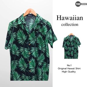 THE ROOMS - เดอะรูม เสื้อฮาวาย โคตรนุ่ม แขนสั้น ไม่ต้องรีด เสื้อยับยาก ผ้าดีมาก ลายเรดปาล์ม สีดำ