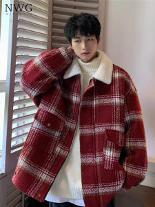 แจ็คเก็ตขนแกะลายสก็อตแบบหนาและหลวมสำหรับผู้ชายในฤดูใบไม้ร่วงและฤดูหนาว แจ็คเก็ตคอปกปิดซิปสีแดงแบบสวมหัว