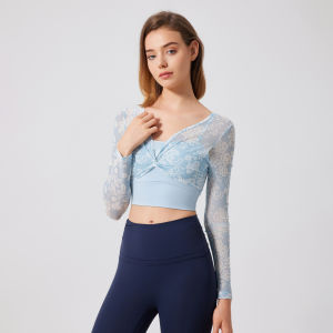 Womens Long Sleeve Lace Sports T-Shirt Yoga Fitness Quick Dry Slimming Mesh Top Breathable Comfortable Nylon Yoga Clothes