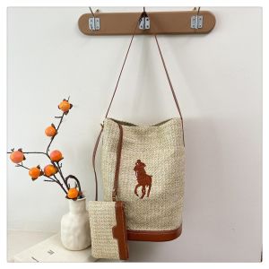 Womens 2025 New Summer Large Capacity Woven Raffia Bucket Bag Underarm Commuter Tote Bag Soft Surface Magnetic Buckle Closure