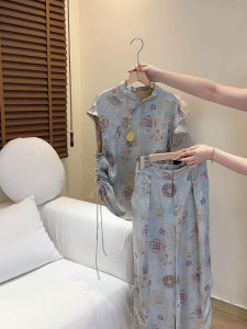 YUFUQING | New Chinese Style Floral Print Shirt And Pants Set Womens Summer High Waist Loose Wide Leg Pants Two Piece Set Traditional Chinese Fashion