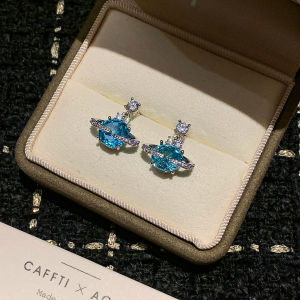 999 Pure Silver Rose Cut Diamond Blue Earth Star Luxurious Earrings for Women Elegant Fashionable Jewelry Ear Decor