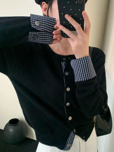 Unique Plaid Knitwear Fake Two-Piece Top Womens Autumn Loose Feel Single-Button Cardigan Long Sleeve round Neck Regular Fit