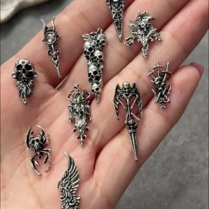 10 Chiếc Vintage Bạc Đầu Lâu Móng Tay Quyến Rũ Hỗn Hợp Cánh Xương Chữ Thập Gothic Đồ Trang Trí Cho Halloween Làm Móng Tay Phụ Kiện Kim Loại
