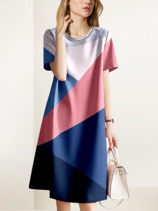Slimming A-Line Maternity Dress Womens Summer Fashion French Design Sensation Color Block Loose Fit Casual round Neck Zipper