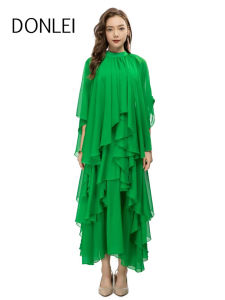 Elegant round Neck Chiffon Pleated Hem Asymmetrical Lace Trim Dress Womens Fashion Autumn New Style French Style Floating Gown