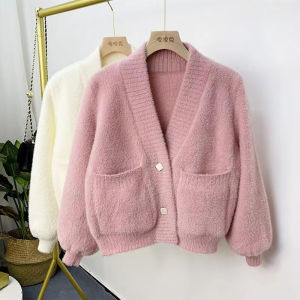 เสื้อคลุมขนมิงค์ผู้หญิงเสื้อไหมพรมคอวีแบบใหม่ฤดูใบไม้ร่วงและฤดูหนาวปี2022เสื้อคาร์ดิแกนผ้าถักออกแบบพิเศษหนาพิเศษสไตล์ชาเนลสำหรับผู้หญิง