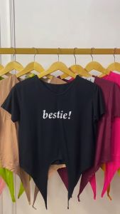 Kaos V-Neck Sablon Wanita Lengan Pendek/Atasan Crop Ikat Depan/Pakaian Wanita Spandek Rayon/T-Shirt