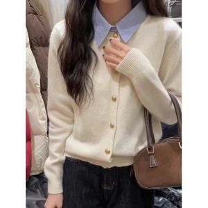 Áo Len Dệt Kim Cổ Bẻ Giả Hai Mảnh Màu Xám Cho Nữ Thu Đông Cỡ Nhỏ Ôm Vừa Vặn Áo Len Cardigan Cardigan Cổ Bẻ Áo Len