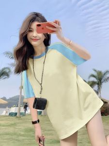 เสื้อยืดแขนสั้นผู้หญิงทรงหลวมสไตล์ยุโรปฤดูร้อน ผ้าฝ้ายแท้ แขนกุด ทรงหลวม คอกลม แขนยาวปานกลาง แฟชั่นลำลอง