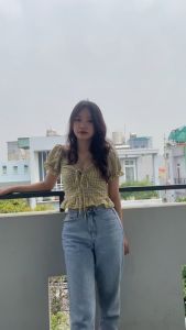 Combo 4 Áo nữ kiểu cổ vuông tay phồng áo croptop sọc caro Nơ rút ngay ngực xu hướng hè 2023 Free size từ 40kg đến 50kg A003 NT CHARINT