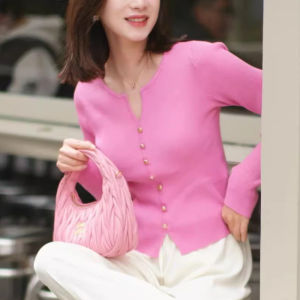Elegance Intellectual Pink V-neck Long-Sleeve Knitwear Female Early Autumn Sweet Younger Slim-Fit Slim Looking Design Blouse