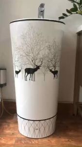 CHẬU RỬA MẶT LAVABO CHÂN ĐỨNG TRỤ TRÒN LIỀN KHỐI HÌNH HƯƠU NAI LỘC PHÁT GROVES GRLL0 (41x41x83)