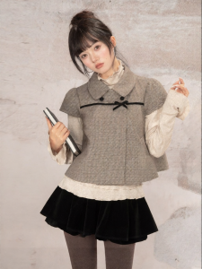 loveheynew | Áo Cardigan Tay Ngắn Cổ Nơ Họa Tiết Carô Retro