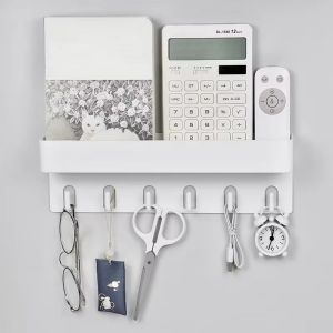 No Drilling Wall Mounted Key Rack Bathroom Shelf with 6 Hooks for Hallway Bedroom Kitchen Door Storage Space Saving Organizer
