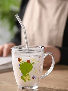 400ML Ly thủy tinh Bữa sáng ly thủy tinh cho trẻ em trong suốt với ly sữa khắc LY THỦY TINH CHIA VẠCH-TẶNG ỐNG HÚT VÀ CÓ NẮP ĐẬY