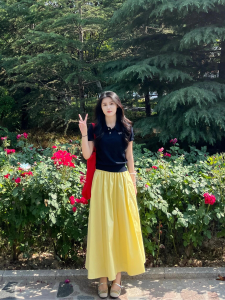 Elegant Yellow High Waist Midi Skirt Womens Summer 2025 New Style Slimming A-Line Casual Polyester Fiber Loose Fit Skirt