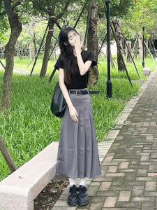 สูงสีเทา เอว สูทสไตล์ กระโปรงพลีท เรียบหรู หลวม Drape ทรงเอ Midi เดรส สไตล์เกาหลี โพลีเอสเตอร์ ผ้า ฤดูร้อน 2023