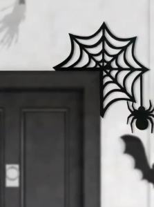 Gothic Halloween Door Corner Decor Spider Web & Spider Design Wall Sculpture Black Frame Wooden Hanging Ornaments for Home Party