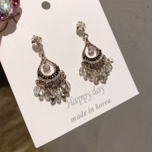 Sterling Silver Needle South Korea Dongdaemun Retro Ethnic Style Diamond Gray Water Drop Ear Studs Tassel Personalized Earrings