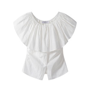 French Vintage Loose Design Womens T-shirt Summer Lazy Style Bell Sleeve One Shoulder Top Elegant Pure Color Knitted Short Sleeve