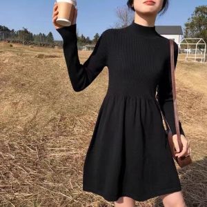 Christmas New Year Red Knitted Dress Womens Autumn Winter Waist-Cinching Slimming Coat-Ready Mini Red Dress Base Layer Sweater Dress