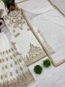 [PRE-ORDER] 2025 SEPT READYMADE WHITE BOLLYWOOD SUIT WITH SHARARA PANT WITH EMBROIDERY SEQUINS WORK SIZE M TO 2XL ( DELIVERY 10 WORKING DAYS) ETA: 2025-12-30