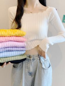 ชิค สั้นบาง เสื้อสเวตเตอร์ถัก ผู้หญิง ทันสมัย คอไหล่เดียว ดีไซน์ ฤดูใบไม้ผลิ ฤดูใบไม้ร่วง เสื้อท่อนบน วัสดุคุณภาพ สไตล์การเดินทาง