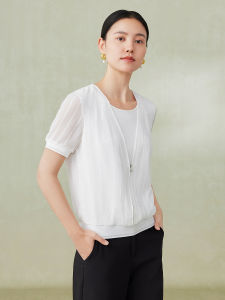 Finidi Short Sleeve Fake Two-Piece White Lace Trim Chiffon Top Summer 2024 New Zipper Decorated Womens Fashion Casual V-neck